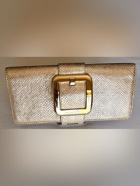 Michael Kors Metallic Gold Snakeskin Embossed Clutch Buckle Evening Bag